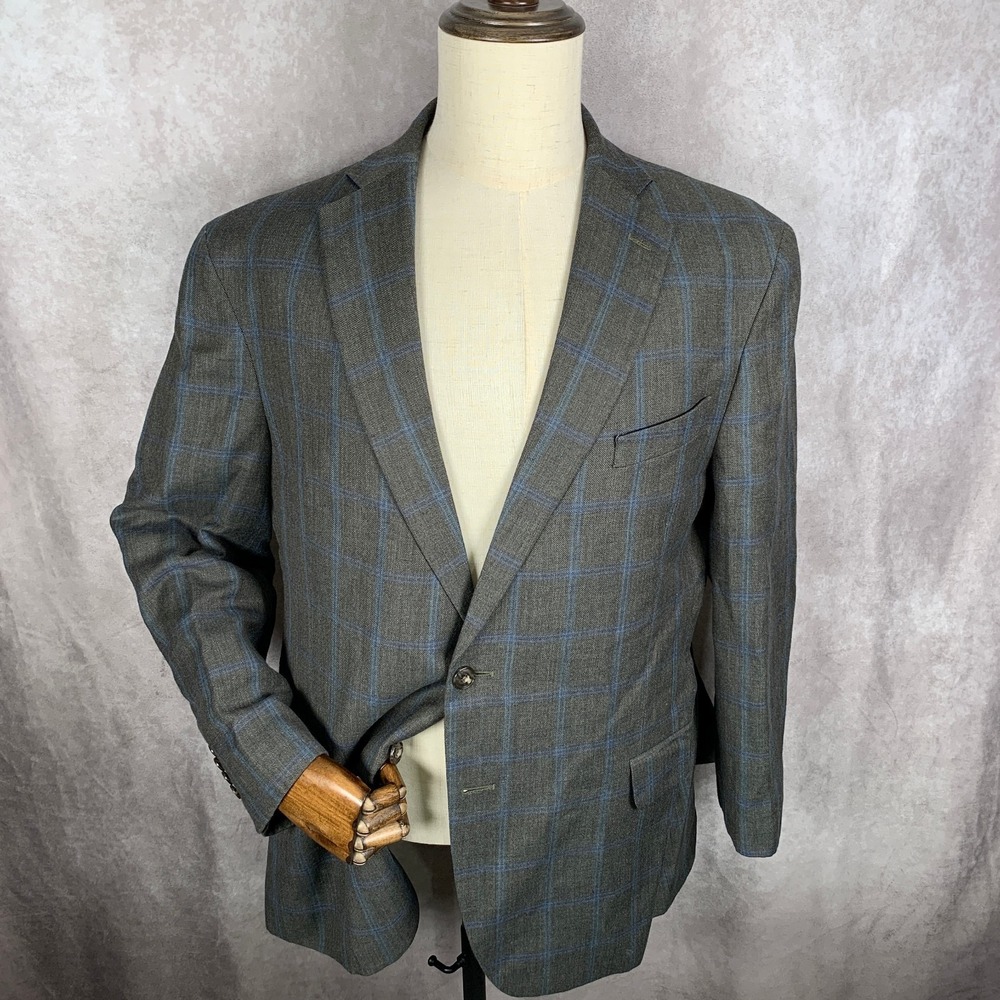 Jos A Bank Blazer Men 46R Slim Linen Green Windowpane Brrr Comfort Sport Coat - Picture 2 of 16